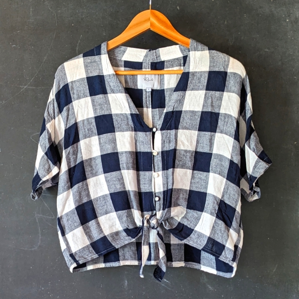 Rails Linen Blend Top Navy Buffalo Check Tie Front Sz S